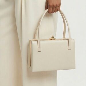 Cream Leather Structured Top-Handle Satchel with Gold Accents 10x6x3